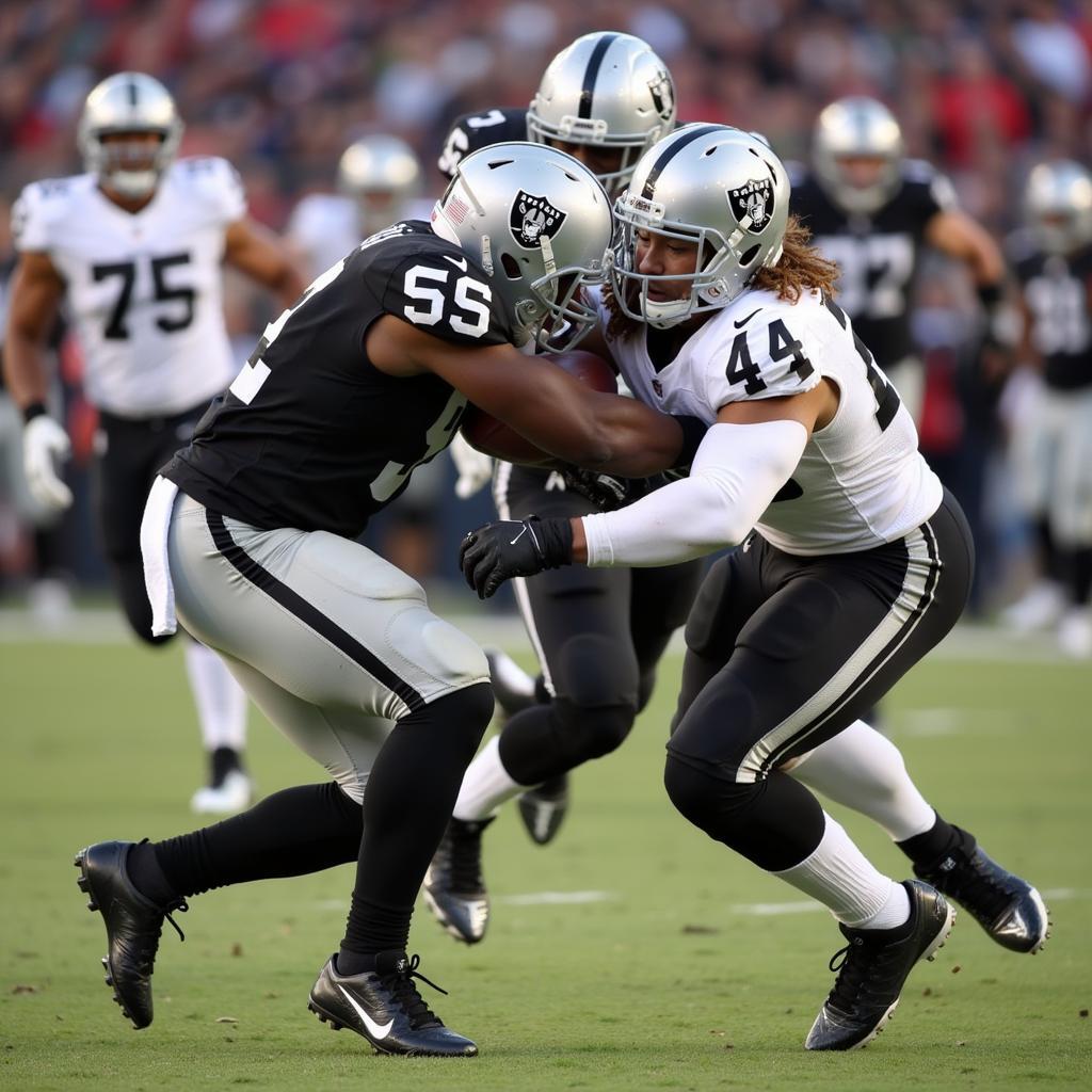 Raiders running back breaking a tackle during a live game