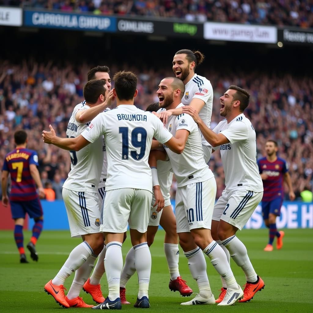 Real Madrid players celebrate a goal against Barcelona in the thrilling 2019 El Clasico encounter.