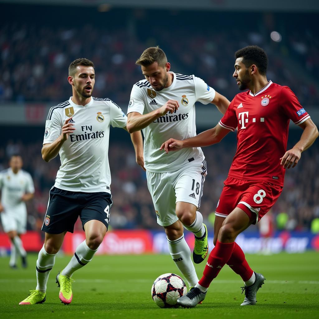 Real Madrid and Bayern Munich players competing for the ball during a live streamed match.