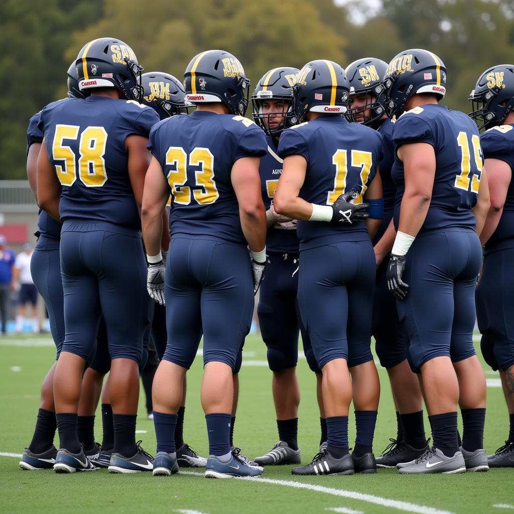 Southern Columbia Football Players Huddle During a Game