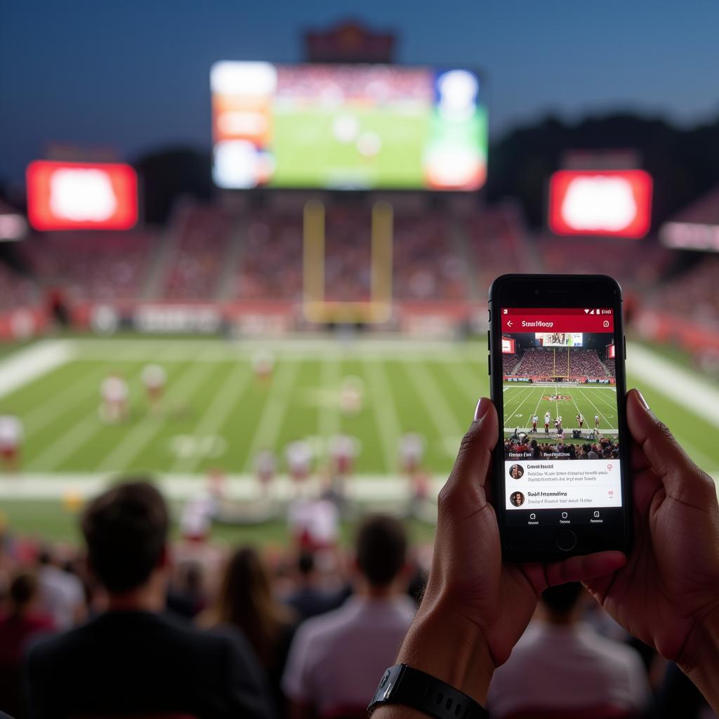 Using a college football gametracker app on a phone at a stadium.