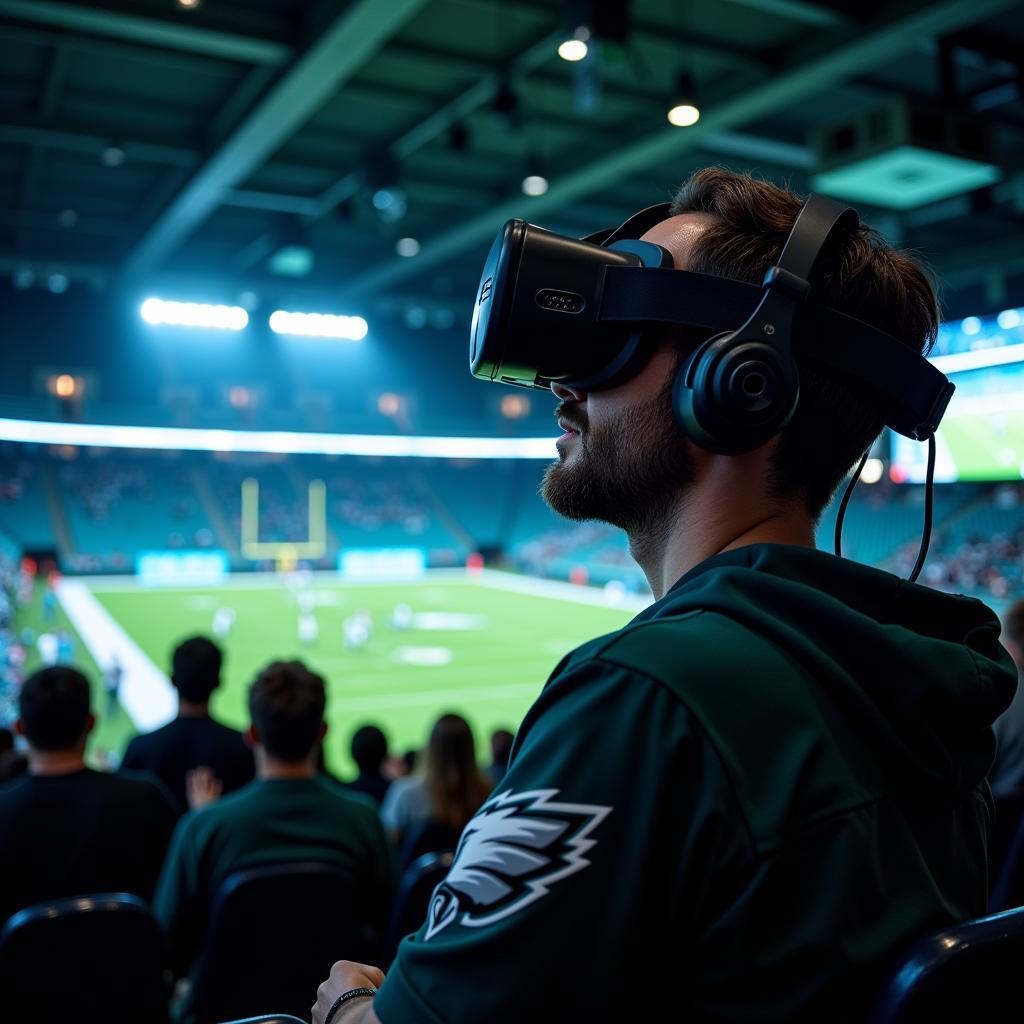 Fan wearing VR headset experiencing Eagles game