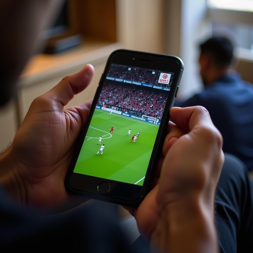 A fan watching Al Jazeera Sport 1 on their mobile phone.