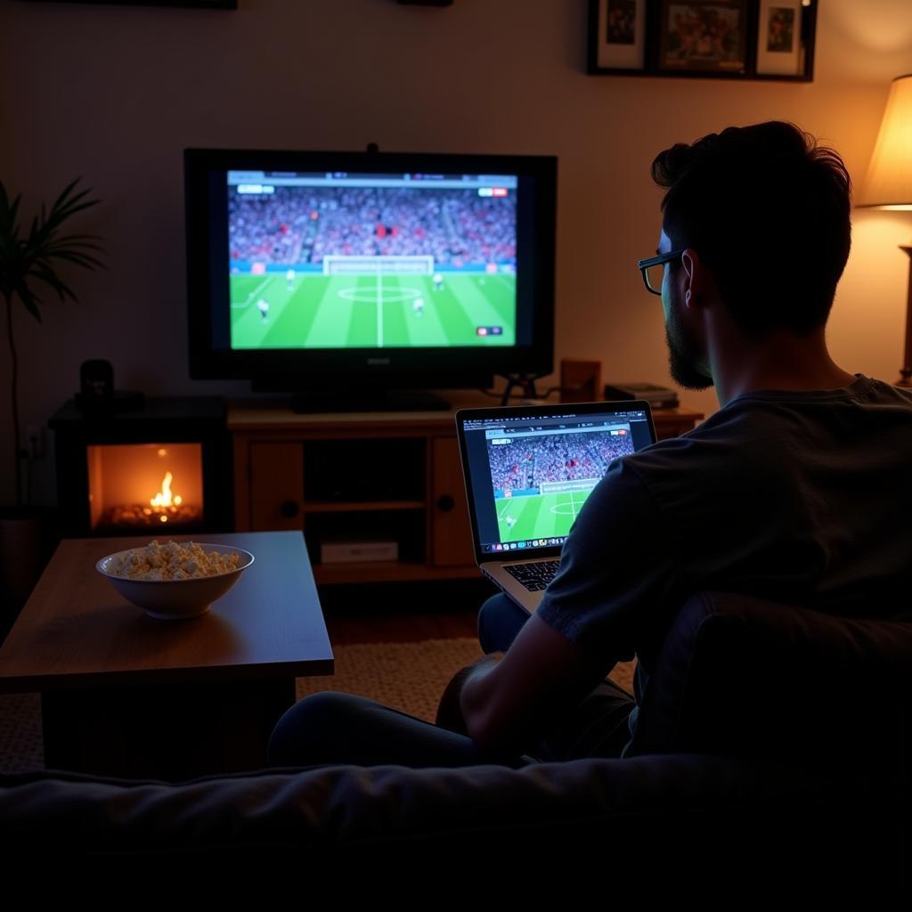 Watching Alliance Football Live Online Streaming: A person sits on a couch with a laptop, streaming an Alliance Football game. The room is dimly lit, highlighting the laptop screen. A bowl of popcorn sits on the coffee table next to the laptop.