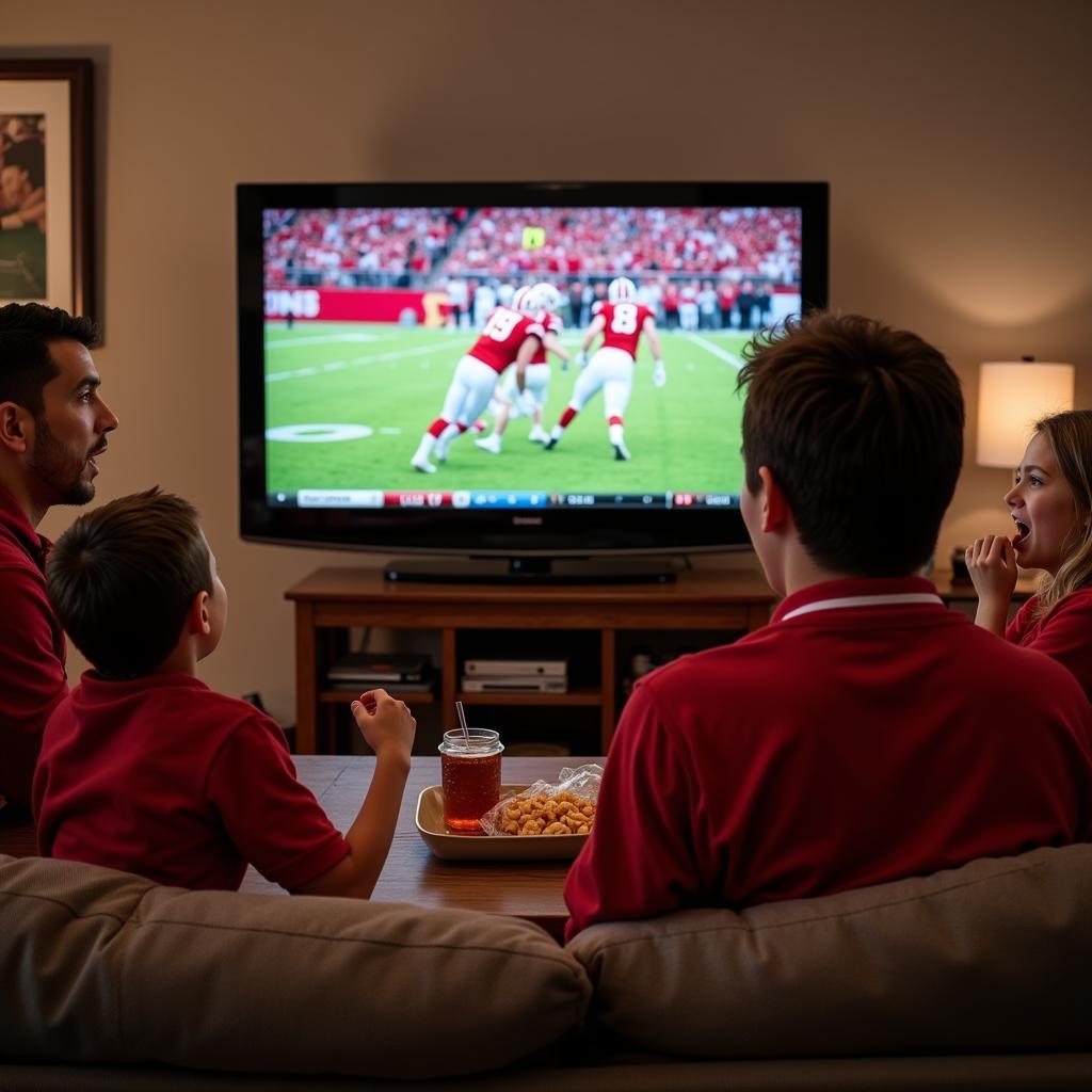 Family watching Wisconsin Badgers football game on television