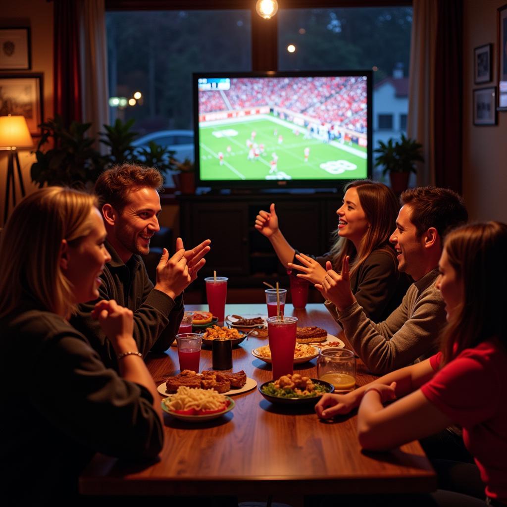 Friends watching Kansas City Chiefs game live at home.