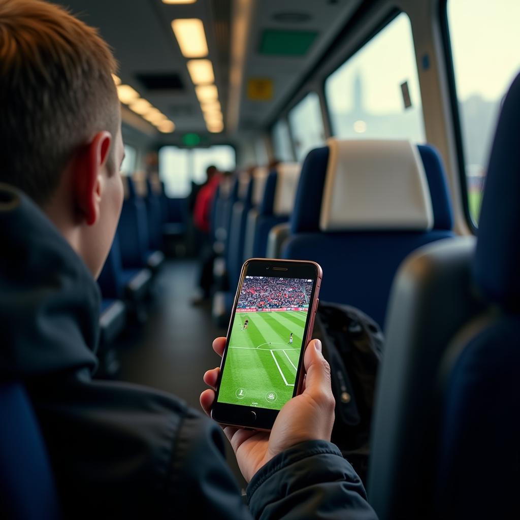 Watching Fansliga football on a mobile phone while commuting.