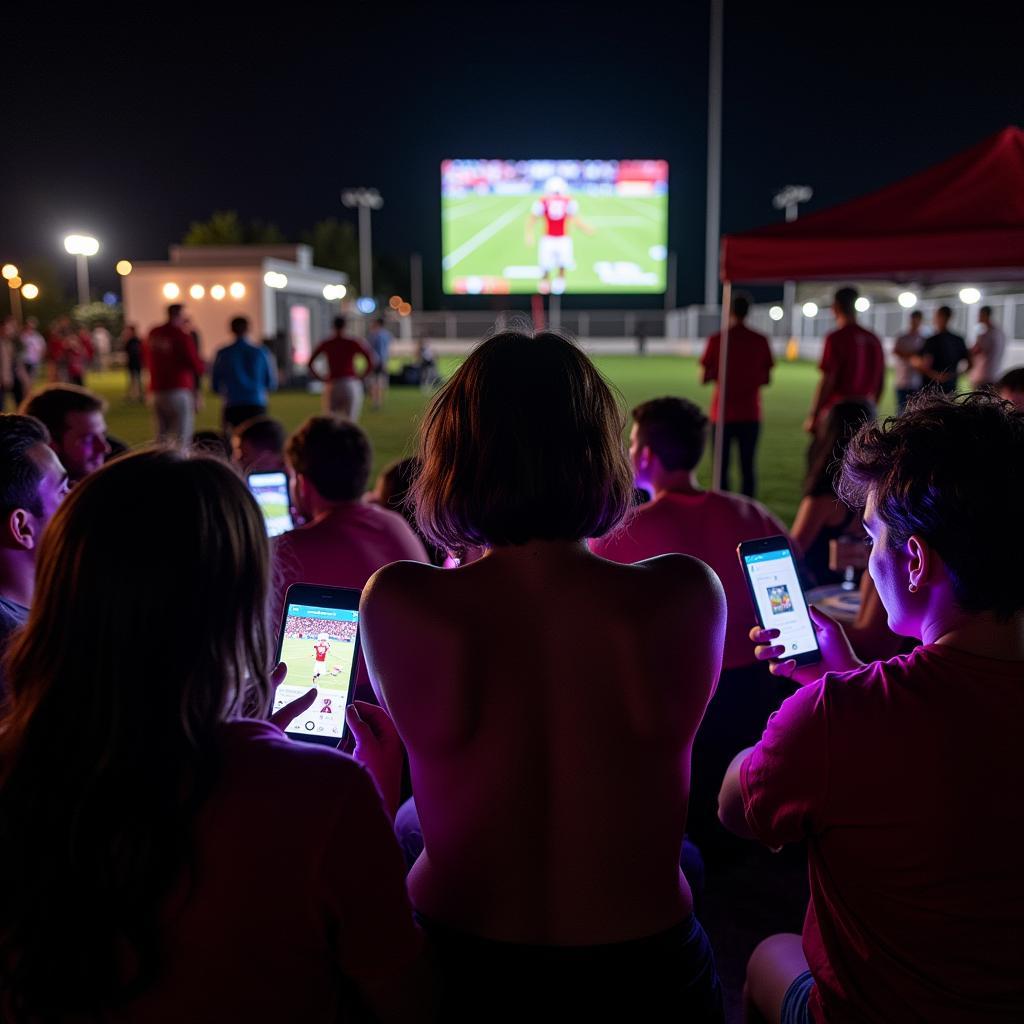 Fans watching the Fayetteville Bulldogs football live stream on their mobile phones while at a tailgate party