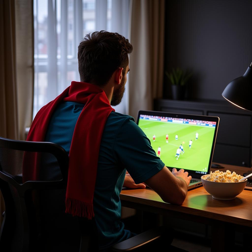 Man watching football live stream on his laptop