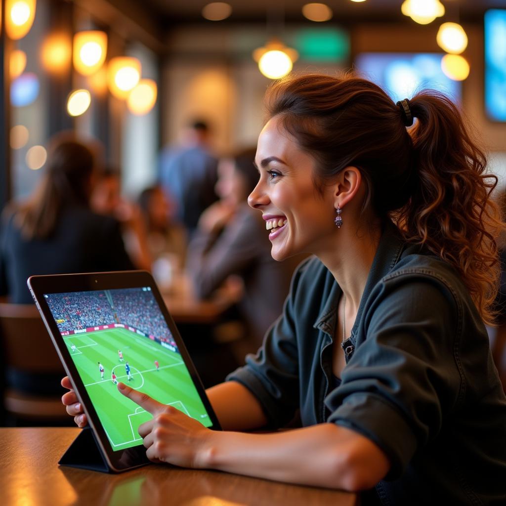 Woman watching football on iPad at a cafe