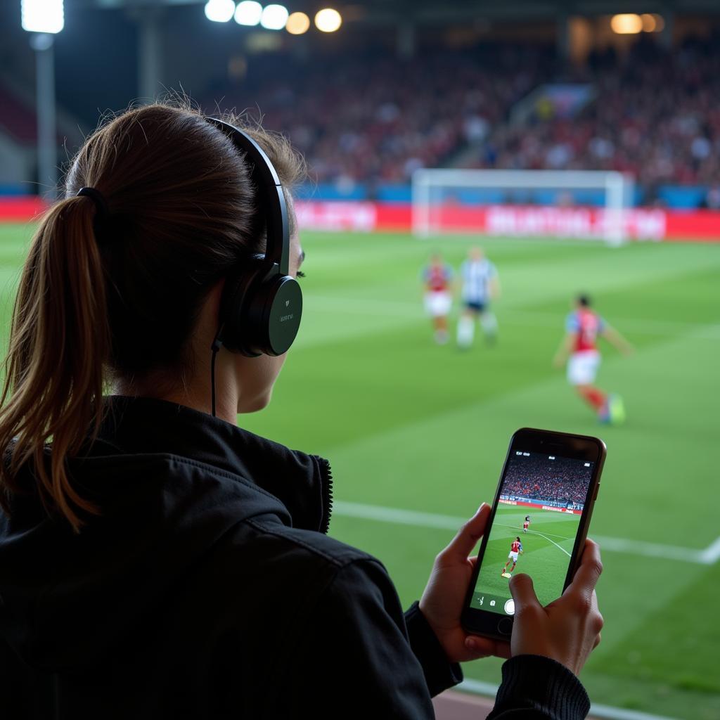 Woman Watching Live Football Match Online On Phone