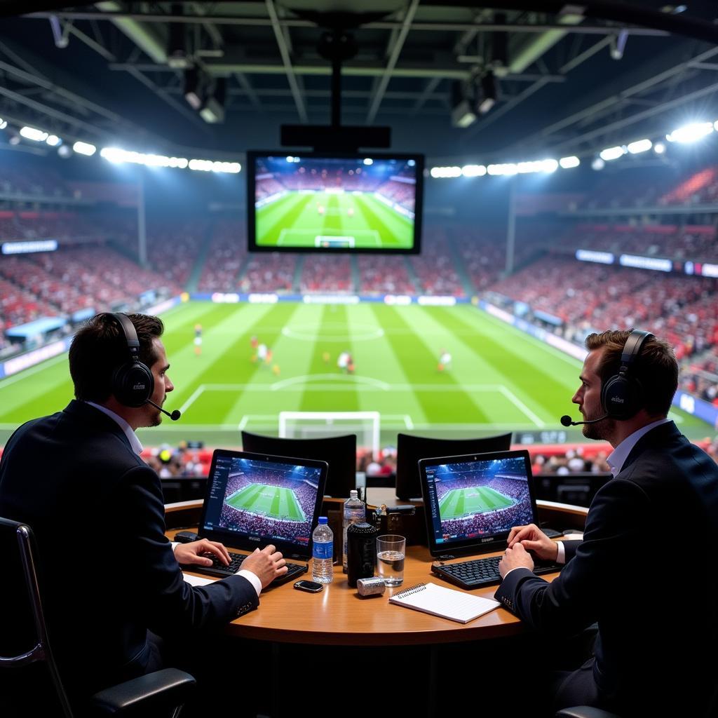 3aw live football commentary booth with commentators actively engaged in a match.