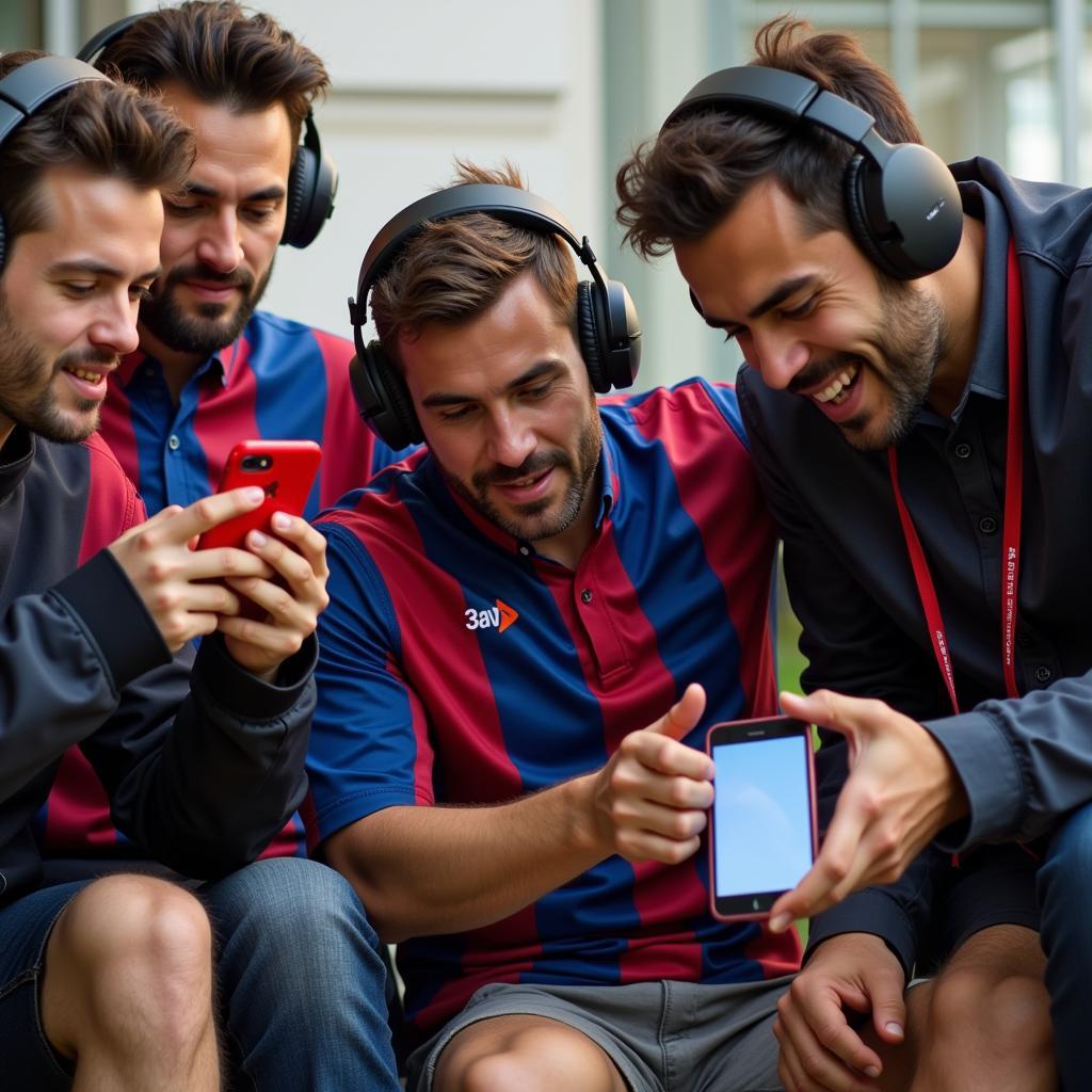 Football fans engrossed in listening to 3aw live football commentary on their phones and radios.