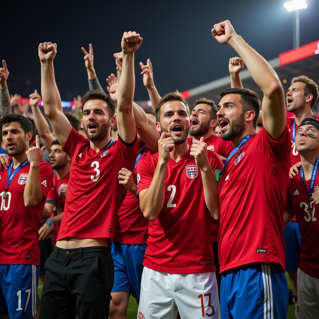 Albanian and Serbian fans passionately celebrate during a live football match.