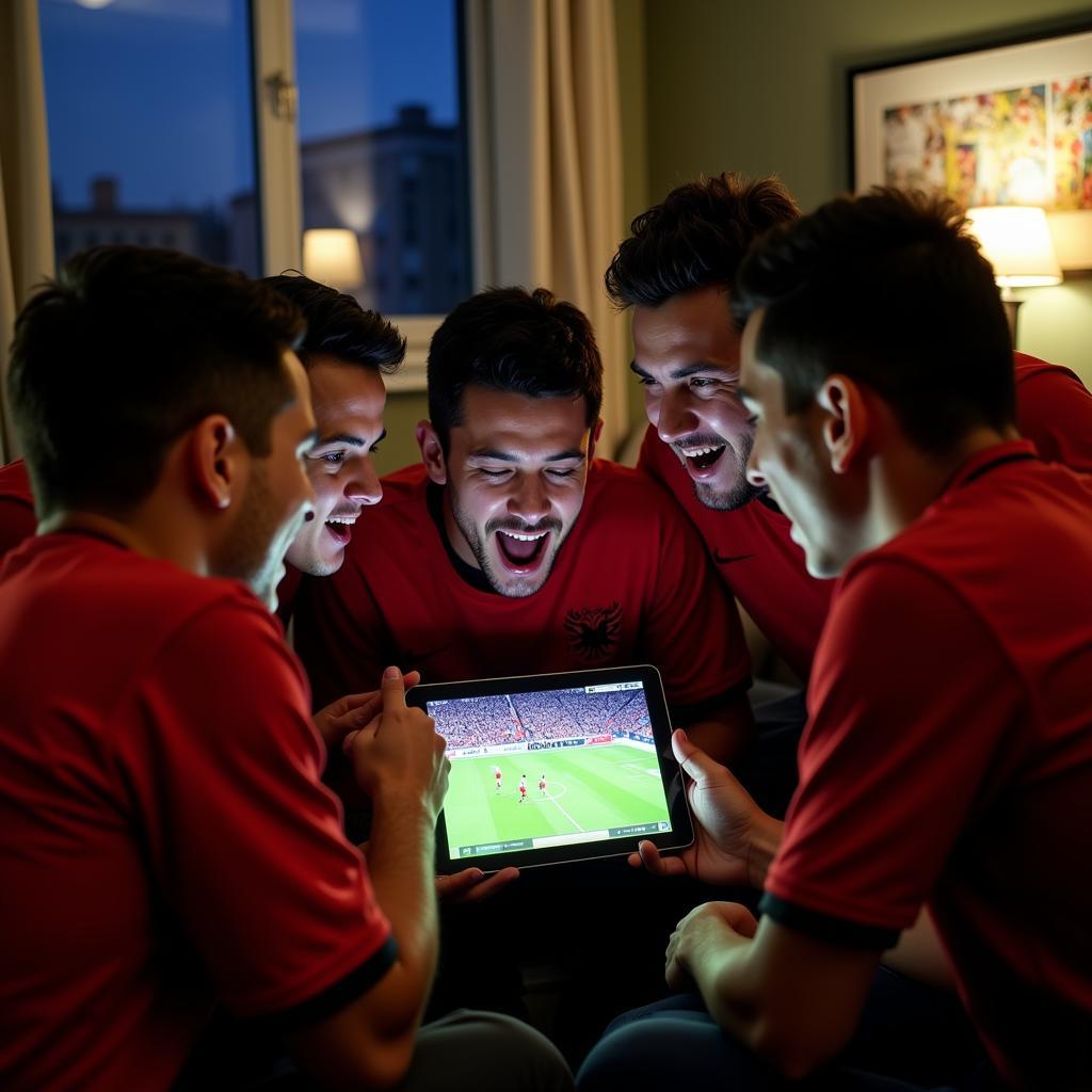 Albanian fans gather to watch a live football stream on their mobile devices.