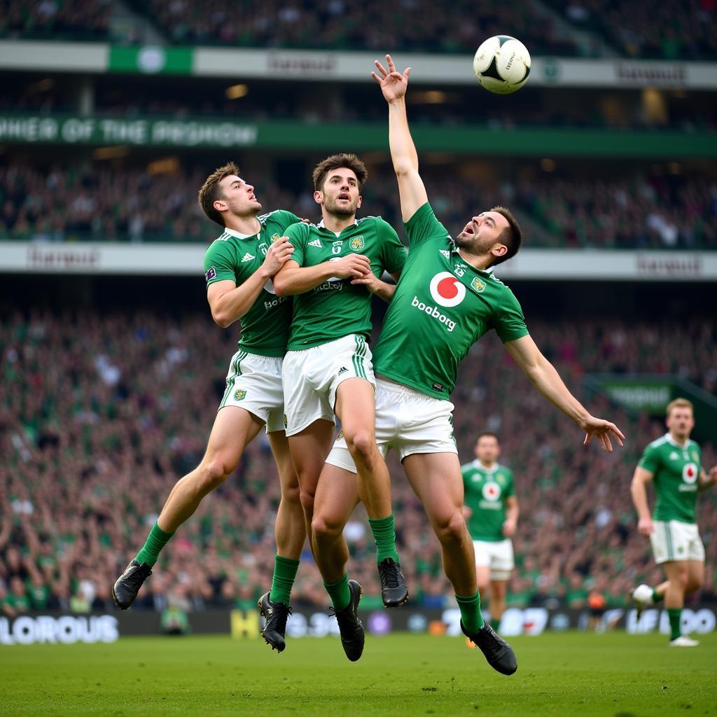 Dublin and Kerry players contesting a high ball during the All Ireland Football Final 2019 at Croke Park