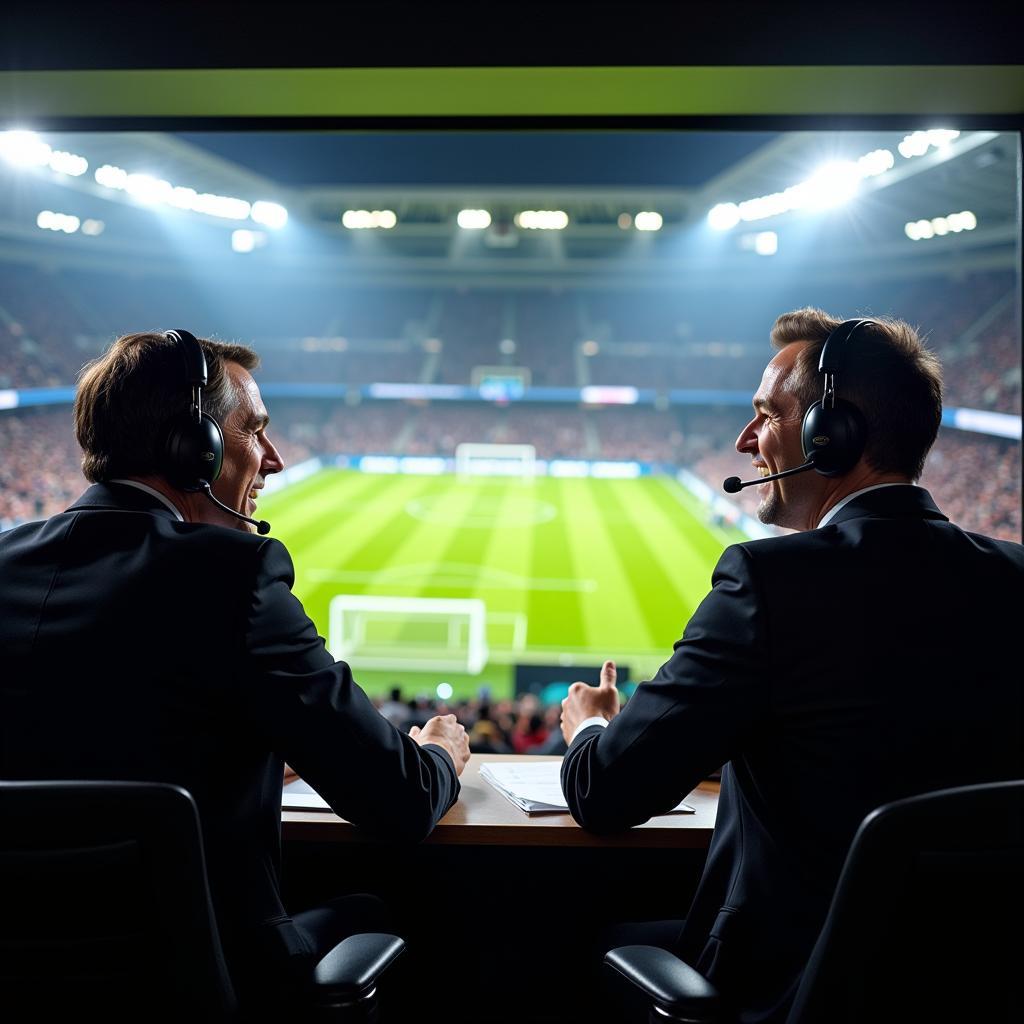 Arabic commentators passionately describe the live football action during a broadcast.