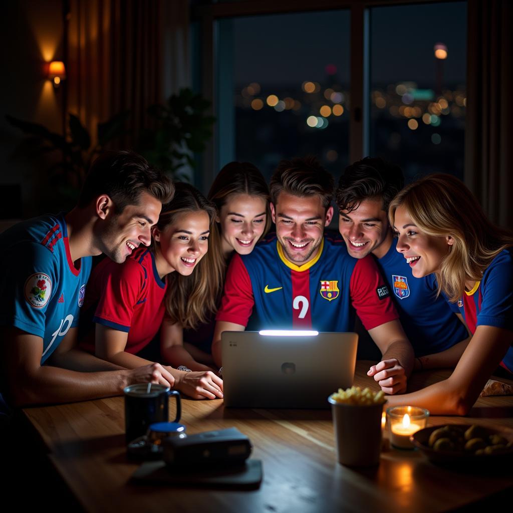 Arabic football fans excitedly watch a live match on their devices.