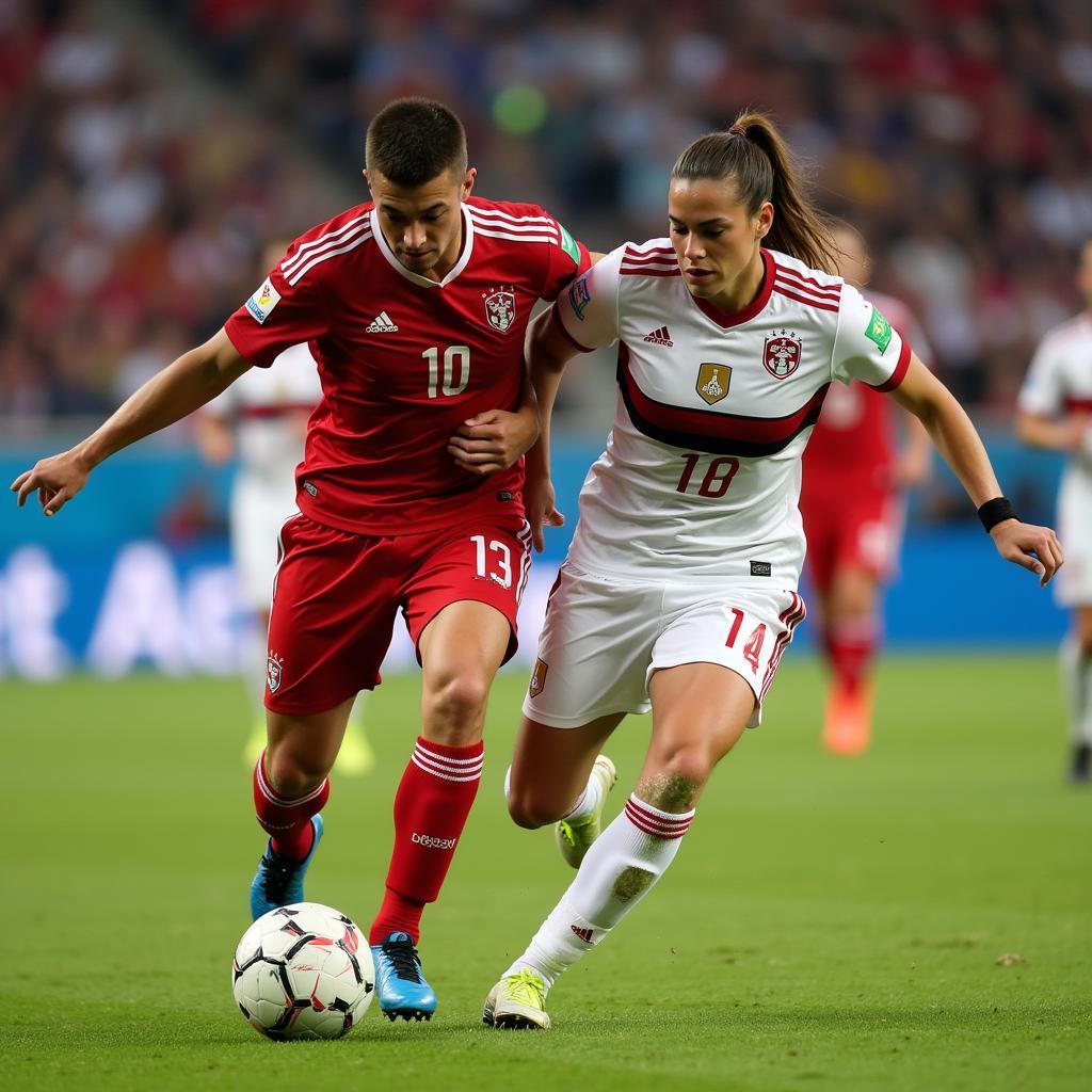 Armenia and Latvia players contesting a ball during a historic match