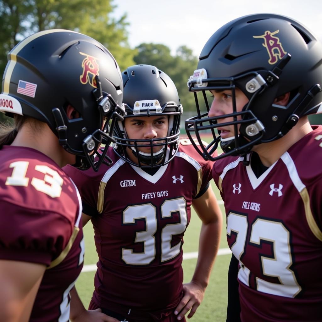 Athens High School football team huddled together before a play.