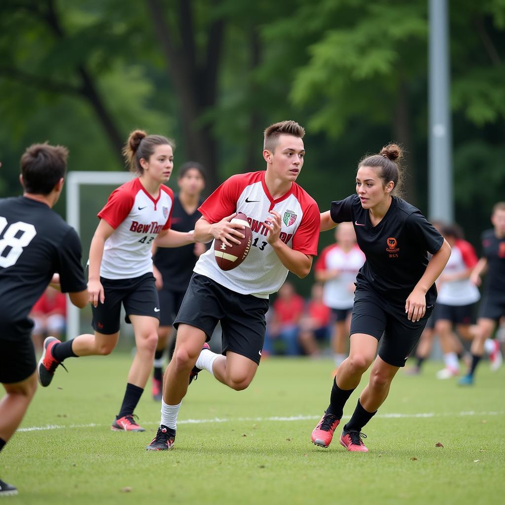 Players competing in a live flag football game in Atlanta