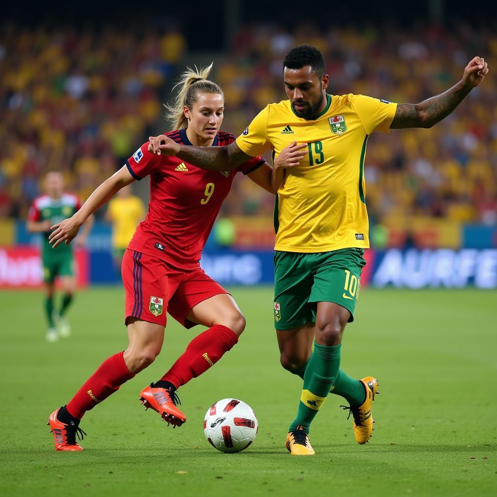 Action-packed scene from an Australia vs Bangladesh football match