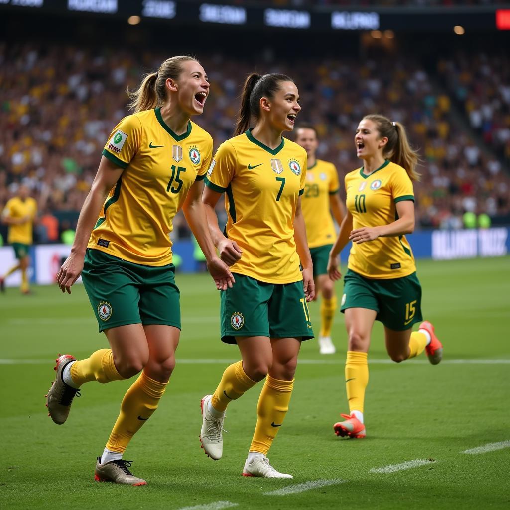 Australian players celebrating a goal against Japan in a live match.