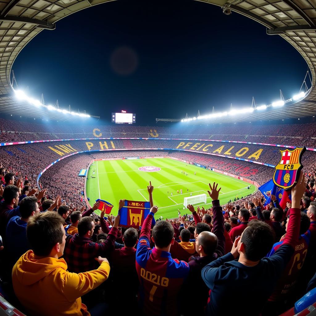 Barcelona fans cheering in Camp Nou stadium