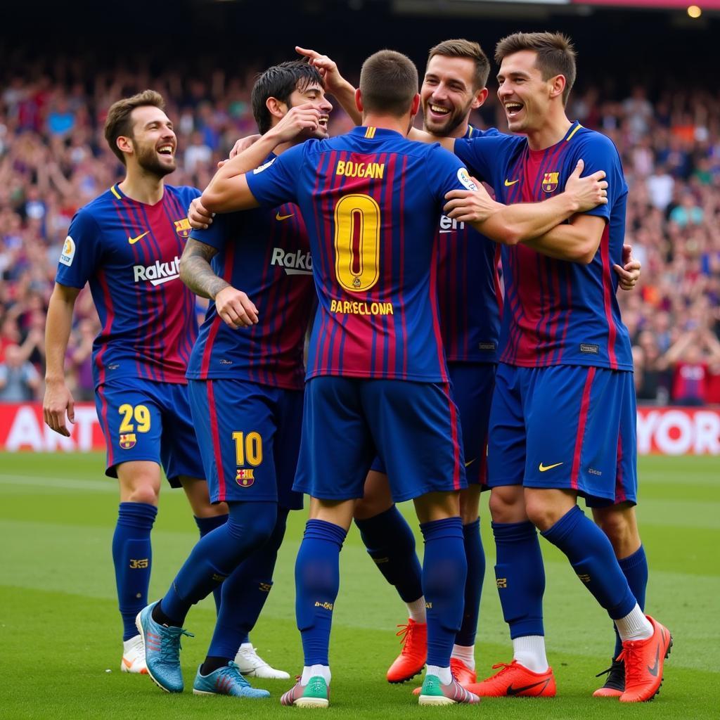 Barcelona players celebrating a goal after scoring