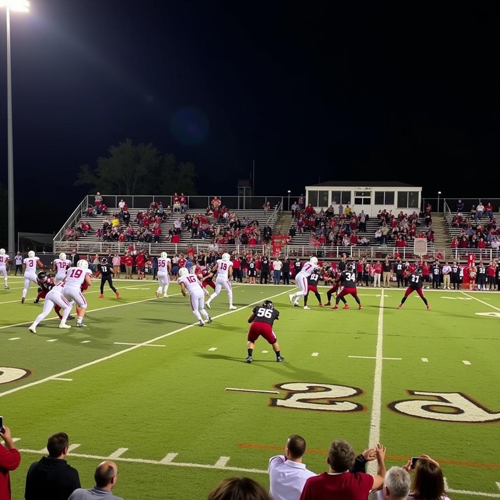 Bishop Kelley High School football game in action, showcasing players, coaches, and fans cheering.