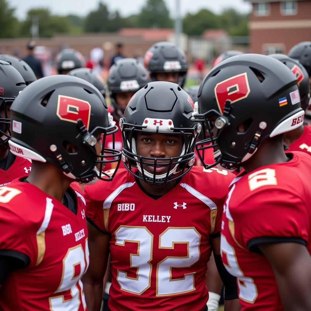 Bishop Kelley football players huddled together, demonstrating team spirit and camaraderie.