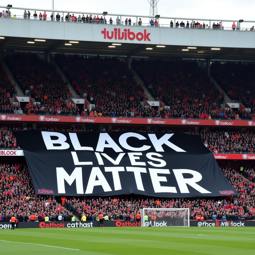 A large banner displaying "Black Lives Matter" hanging in a football stadium