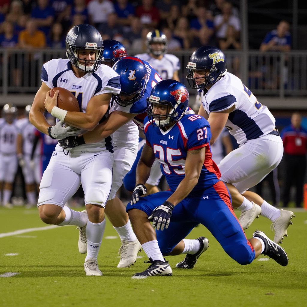 Brainerd and Owatonna players clash during the 2017 high school football game.