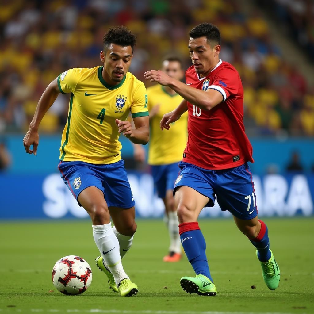 Tactical battle between Brazil and Russia in a live football match.