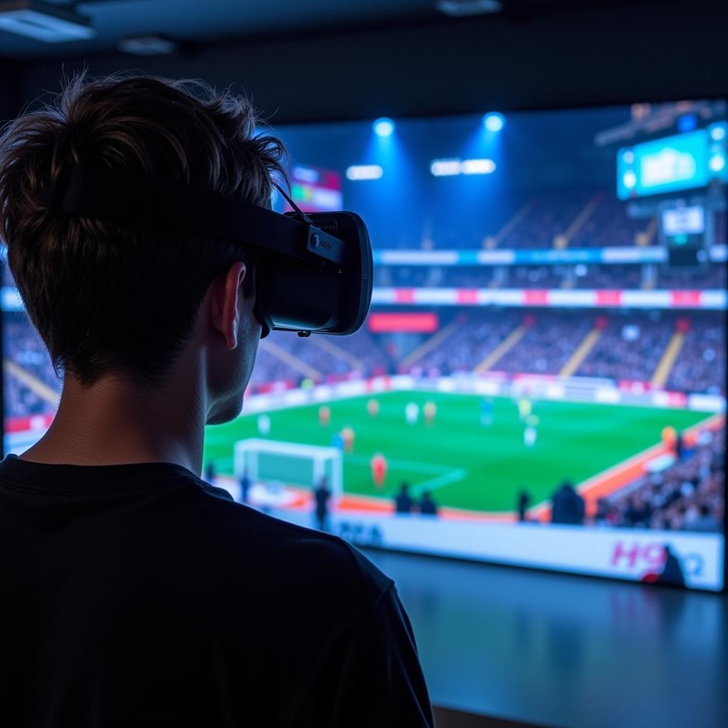 A fan wearing a VR headset experiencing a football match through BT Football Live