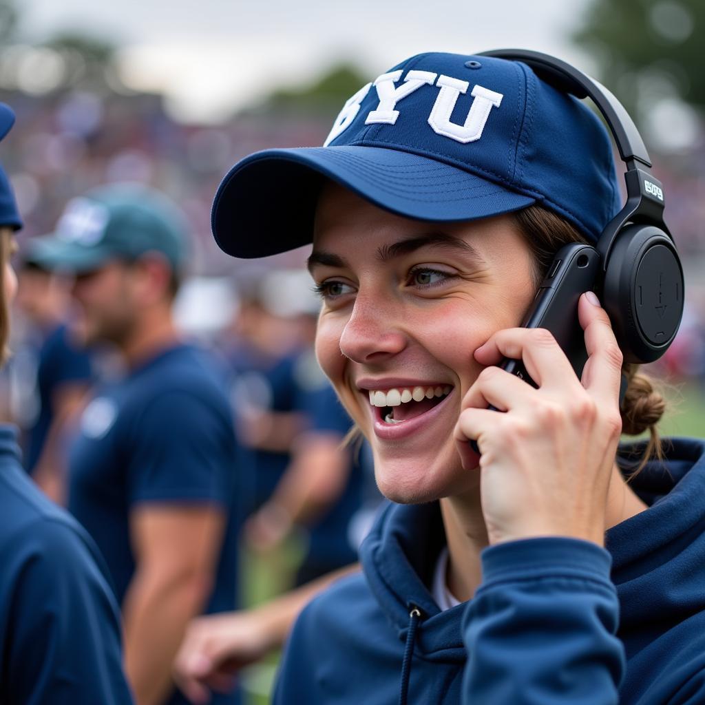 BYU Football Fan Listening to Live Radio on Phone