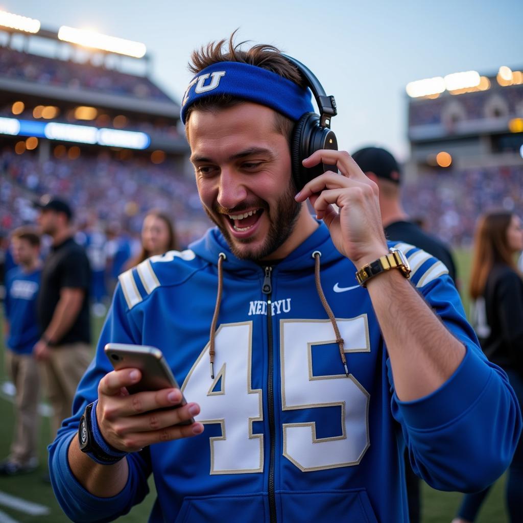 BYU Football Fan Listening on Phone