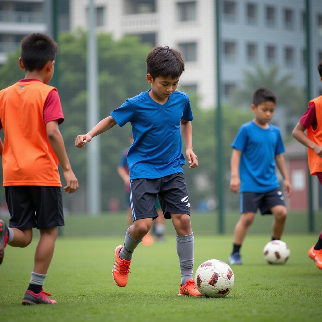 Young Cambodian footballers training at a youth academy