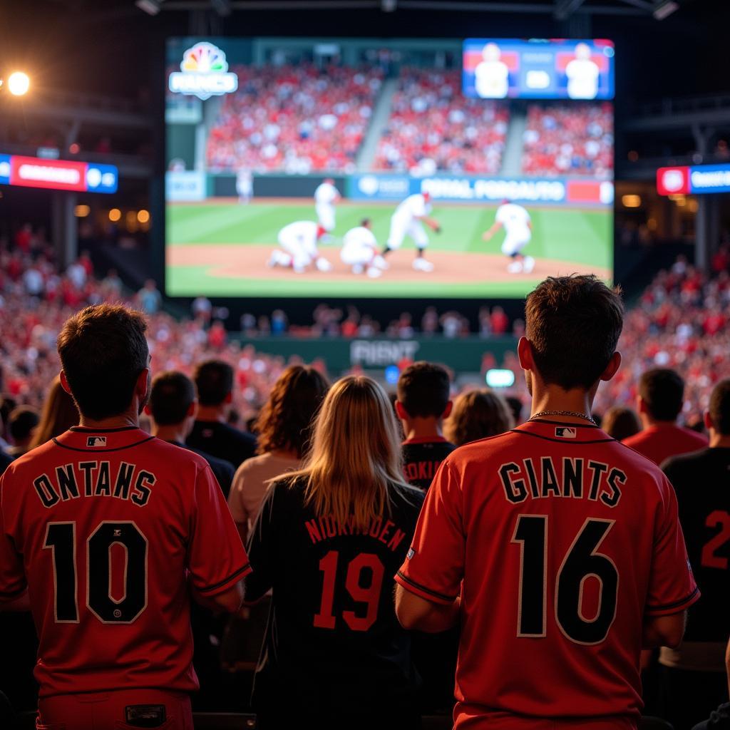 Cardinals and Giants Fans Watching the Game