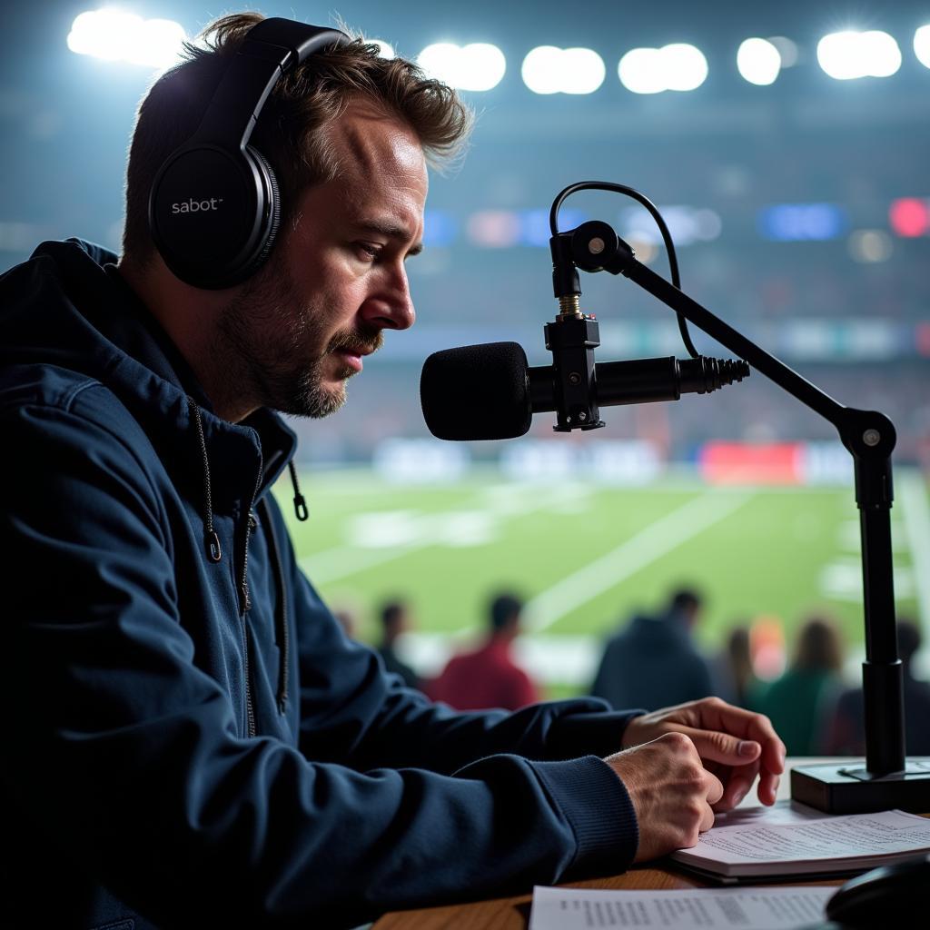 A radio announcer broadcasting a Cleveland Browns game live from the press box.