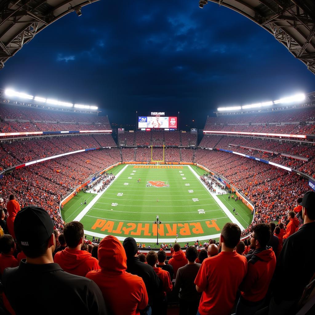 Cleveland Browns fans at FirstEnergy Stadium cheering during a live game.