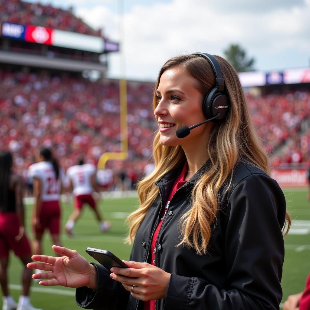 College football live hostess reporting live from the sidelines.