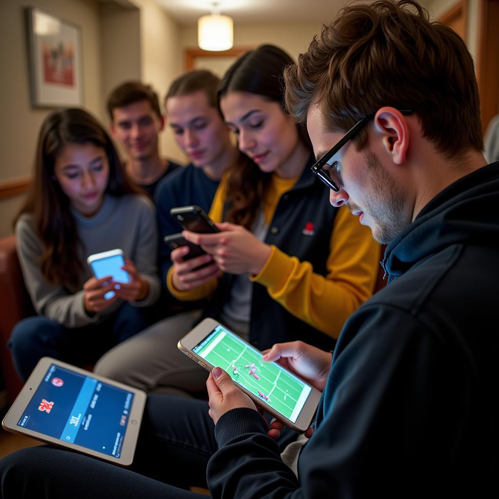 Students watching college football live stream on mobile devices