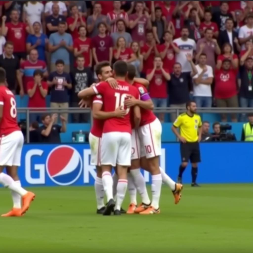 Costa Rican players celebrating a goal during a live streamed match.