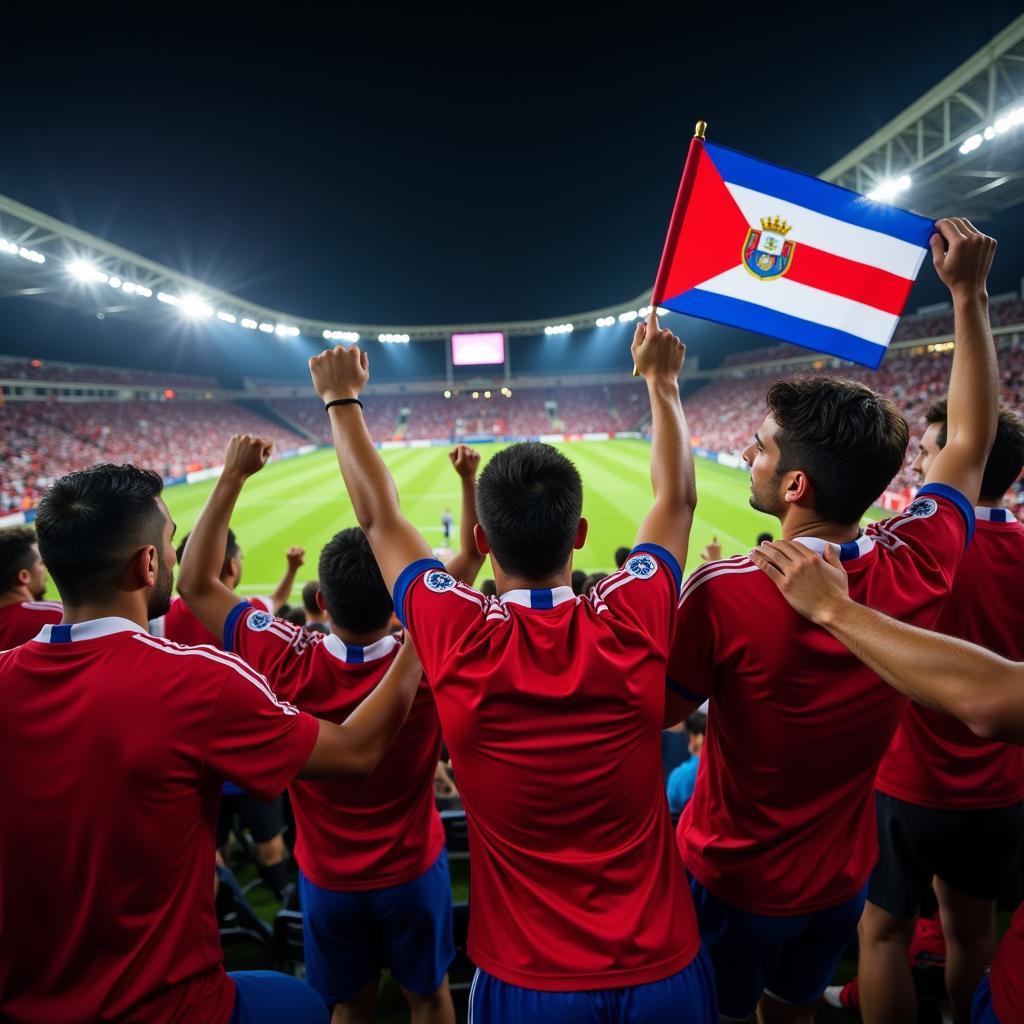 Costa Rican football fans celebrate a goal during a live match.