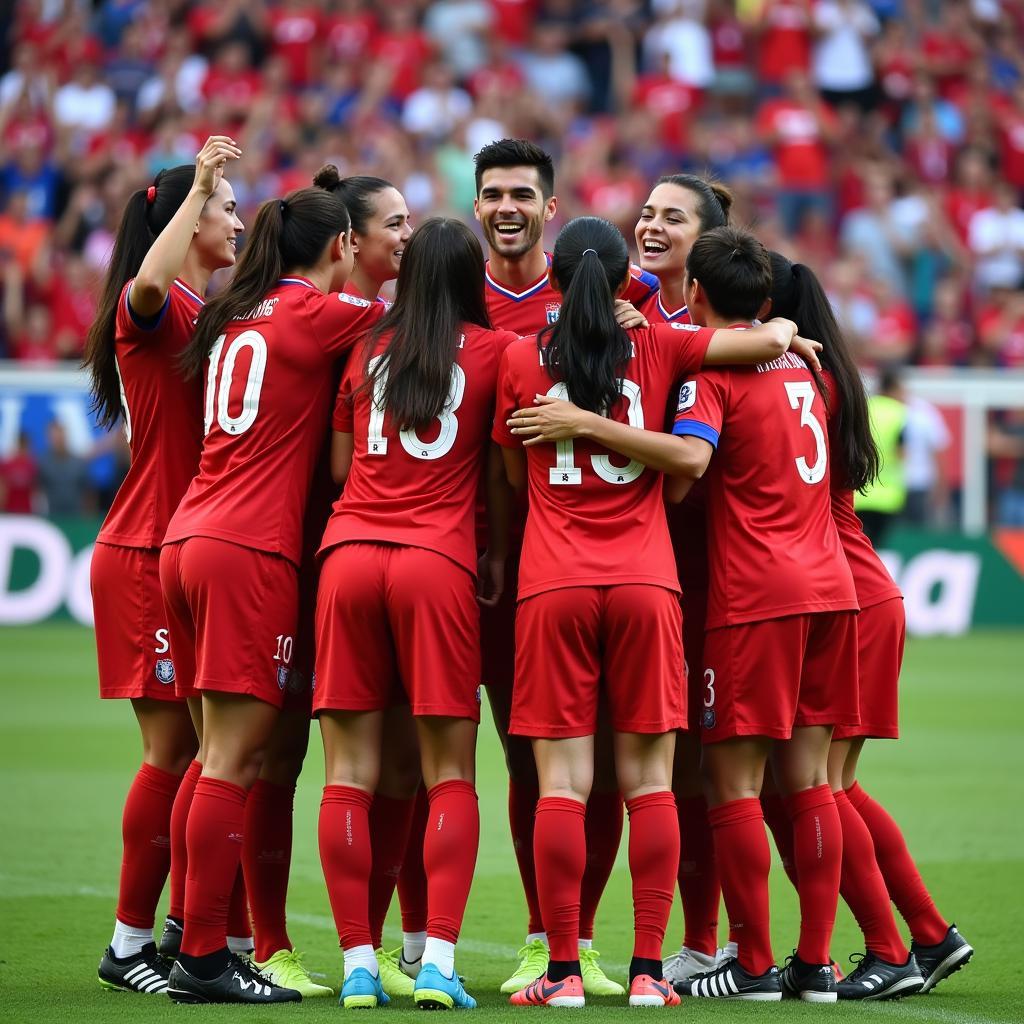 The Costa Rican national team celebrates a victory after a live football match.