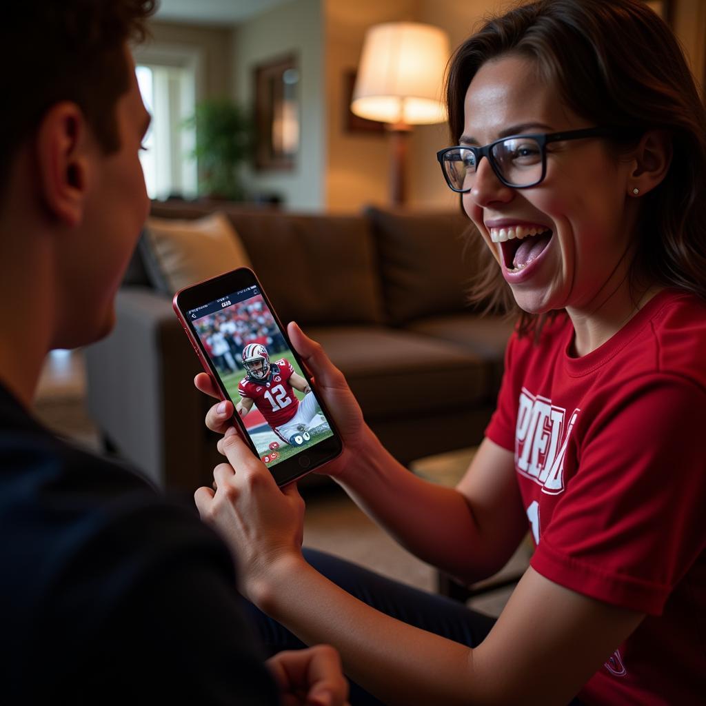 A Cuyahoga Heights football fan watching a game on their phone via live stream.