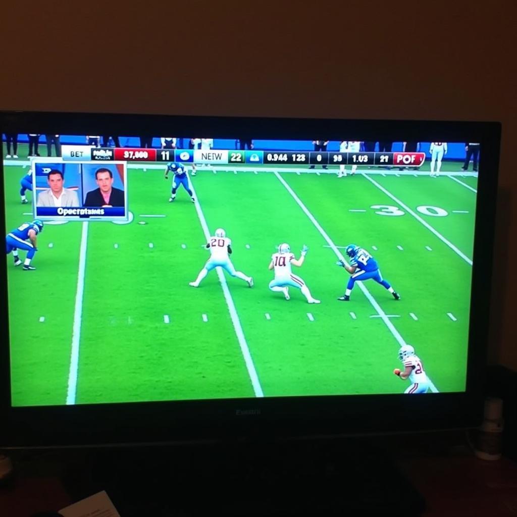 Live television broadcast of a Detroit Lions game with commentators analyzing the play.