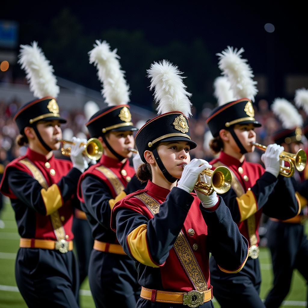 The Dobyns Bennett marching band performing an intricate halftime show on the football field.