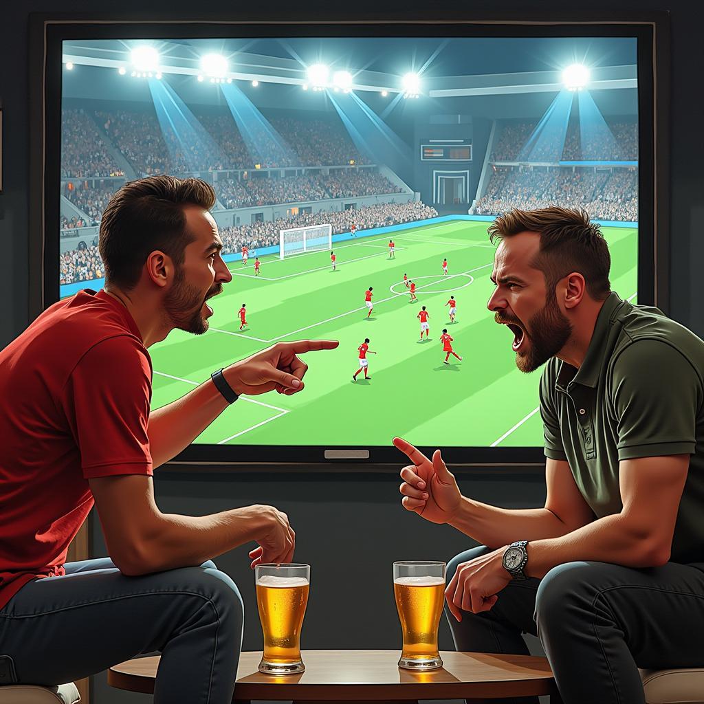 Two intoxicated men intensely discussing a controversial play during a live football match, with one pointing at the screen and the other gesturing animatedly.